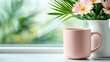 ©  Jovaduplex - An inviting coffee cup paired with delightful pink flowers, set against a blurred background, exuding a fresh and cheerful vibe ideal for encouragement and warmth.