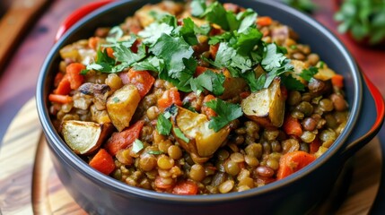 Wall Mural - Homemade lentil stew with roasted vegetables and fresh herbs