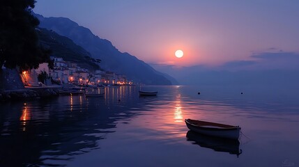 Wall Mural - Serene sunset over a coastal village with boats on tranquil waters and distant mountains