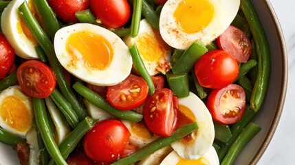 Wall Mural - Fresh summer salad with boiled eggs, green beans, and cherry tomatoes