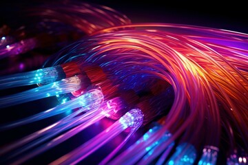 Wall Mural - fiber optic cables transmitting data with glowing multi colored ends, creating a futuristic technolo