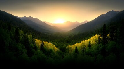 Wall Mural - Serene sunset over a lush green valley surrounded by mountains, capturing nature's tranquility (1)