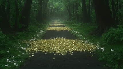 Wall Mural - Golden Leaves Path Through Misty Forest