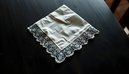 Wall Mural - Old vintage napkin with lace border on the black wooden table, hyperrealism, with white tones