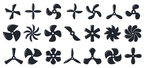 boat propeller icons. aircraft turbine rotor, ship marine engine screw, industrial ventilation blowe