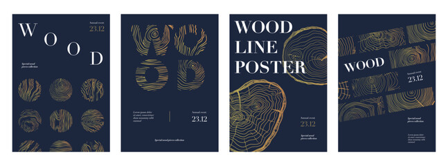 Tree line posters. Wooden trunk rings with annual growth lines, round tree slices with wood grain texture. Vector forest elements for banner design
