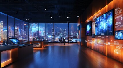 Wall Mural - modern digital control room with dark wood interior and city view