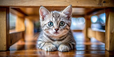 Wall Mural - Adorable British Shorthair Blue Point Tabby Kitten, 6 Months Old, Sitting Under Table