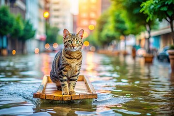 Wall Mural - Adorable Tabby Cat Surfing Flooded City Streets - Cute Animal Wallpaper