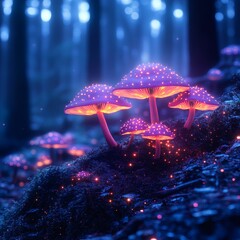 Wall Mural - enchanting night forest with glowing pink and purple mushrooms their light casting a mystical glow a