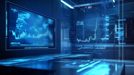 Wall Mural - futuristic digital workspace with data visualization and analytics