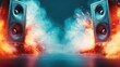 © JoxyAimages - Featuring powerful speakers surrounded by explosive sound waves, this image represents the excitement and energy of music and audio technology in a modern setting.