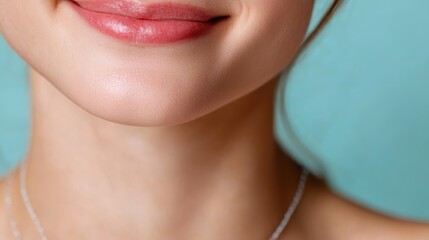 a close-up image focusing on the smiling lips and chin of a woman, highlighting her natural beauty a