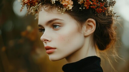 Wall Mural - Young Woman Wearing Autumnal Flower Crown