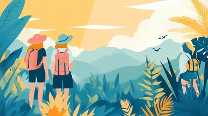 Wall Mural - Hiking Friends Scenic Mountain View Tropical Landscape