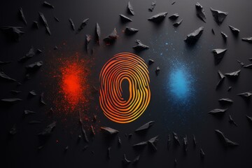 Wall Mural - fingerprint glowing between red and blue powder on a black background with rocks representing digita