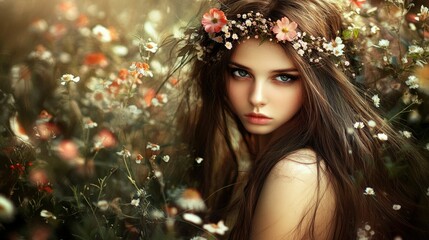 Wall Mural - A Young Woman With Flowers In Her Hair Amidst Wildflowers