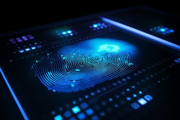 Wall Mural - glowing blue fingerprint being scanned on futuristic device, ensuring secure access and data protect