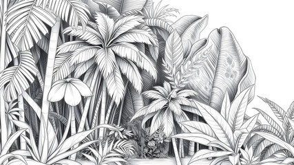 tropical forest black and white rough lines and no fading and no shading pencil sketch for a wall de