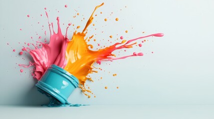 A burst of colorful paint splashes from an overturned bucket, creating dynamic shapes and visually striking patterns that catch the eye and spark imagination.