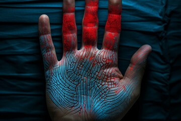 Canvas Print - open hand with red and blue pigments highlighting fingerprint details on a dark background
