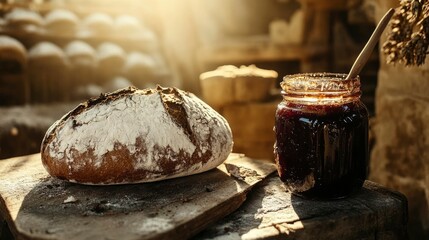 Wall Mural - Rustic sourdough bread and homemade jam in jar