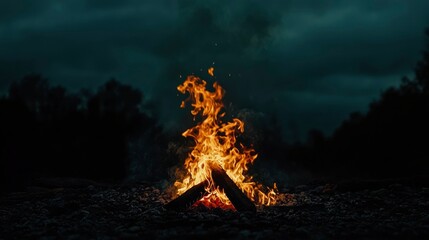 Canvas Print - Campfire Burning Bright Under a Dark Night Sky