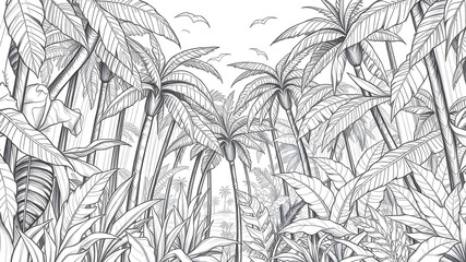 tropical forest black and white rough lines and no fading and no shading pencil sketch for a wall de