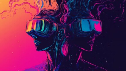 Wall Mural - Vibrant Neon Women Vr Headset Art Digital Print