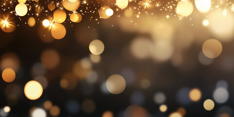 Wall Mural - Golden bokeh lights with sparkles on dark background. Holiday celebration advertising