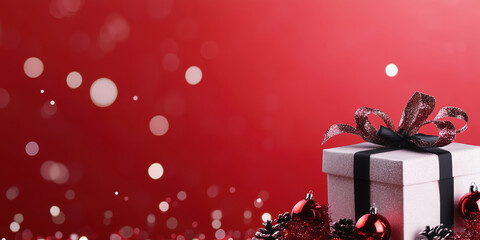 Wall Mural - white gift box with red bow and christmas ornaments on red background. holiday greeting cards