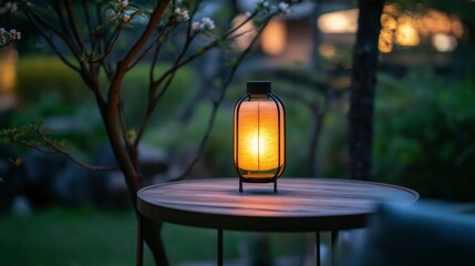 Wall Mural - Illuminated Lantern on Outdoor Table Garden Setting