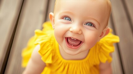 Wall Mural - A smiling baby in a yellow dress. The baby is smiling and has her mouth open. The baby is wearing a yellow dress and is standing on a wooden floor