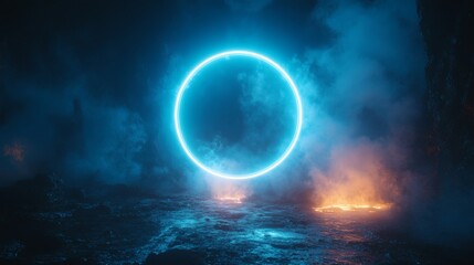 Wall Mural - deep blue neon ring light shining brightly accompanied a glowing laser frame and ethereal smoke effe
