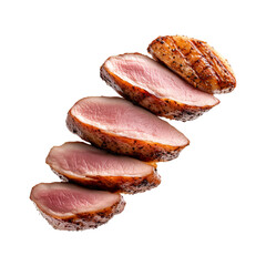 Wall Mural - Sliced grilled duck breast seasoned with spices isolated on white transparent background, concept of healthy food and barbecue