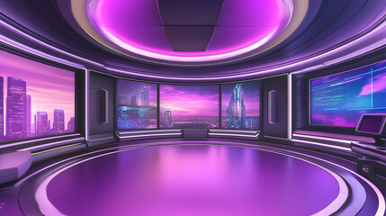 Futuristic city view from circular control room; neon lights, coding screen; perfect for sci-fi film or game background