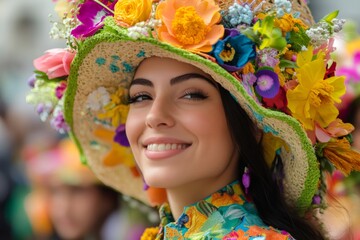 Wall Mural - Beautiful young woman wearing a floral hat is smiling during a flower festival