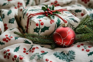 Wall Mural - christmas gift wrapped in holly berry wrapping paper with red ornament and pine sprig