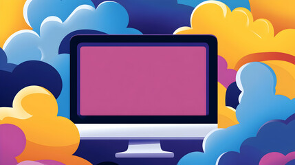 Pink screen desktop computer amidst colorful clouds; website design, app development
