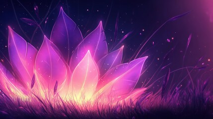 Wall Mural - layered, flame-like design with leaf shapes in vibrant purple and pink gradients, radiating a soft, 