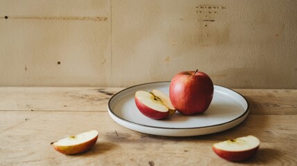 Poster - Red Apples Sliced on a Plate Wooden Background