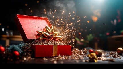 Wall Mural - Red gift box explodes golden sparks dramatic holiday light. AI Generated