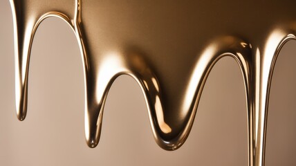 Wall Mural - Glossy gold liquid dripping elegantly, creating a striking visual effect against a soft neutral background.