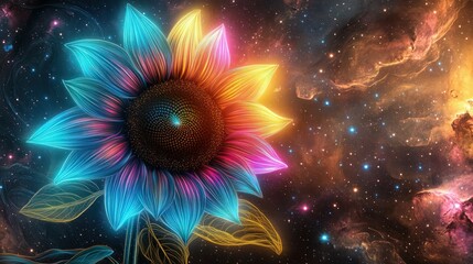 Wall Mural - luminous sunflower with glowing neon petals in blue, pink, and yellow, set against a cosmic nebula b