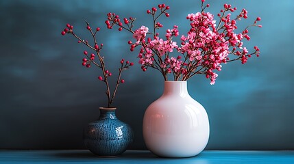 Wall Mural - Spring blossoms in ceramic vases against a teal background