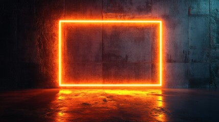 Wall Mural - neon orange rectangular frame radiating a warm glow set against a rough dark concrete background cre
