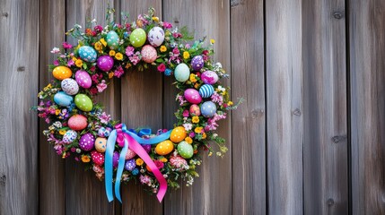 Canvas Print - A colorful Easter wreath made of eggs, ribbons, and flowers hanging on a rustic wooden door, with room for festive designs.