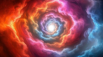 Wall Mural - Mesmerizing abstract clouds swirling with vibrant colors--red, orange, blue, purple, and pink--radiating from a central white light, creating an ethereal, dreamlike cosmic effect.
