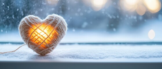 Wall Mural - A cozy yarn heart glowing on a snowy windowsill. Winter romance decoration