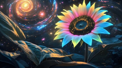 Wall Mural - otherworldly sunflower with neon blue, pink, and yellow petals, set against a cosmic scene of swirli
